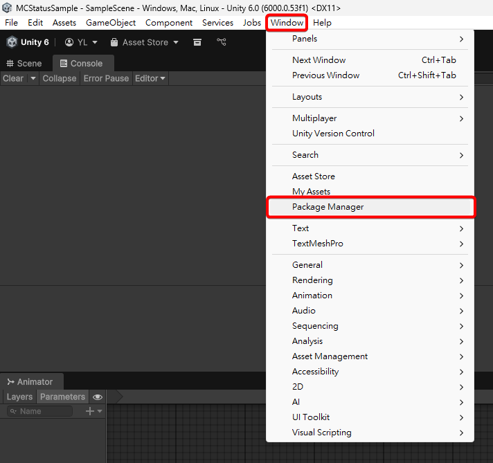 Unity編輯器，從頂部選單打開Window、Package Manager