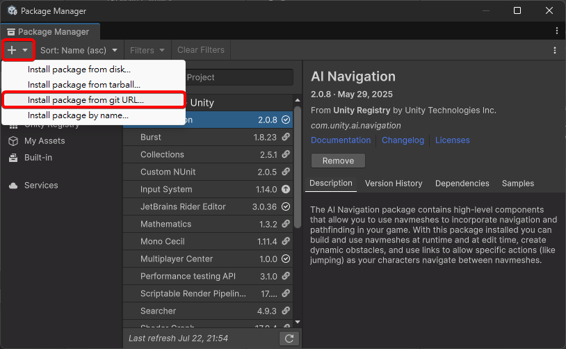 Unity的Package Manager，點擊左上角+按鈕，點擊Install package from git URL