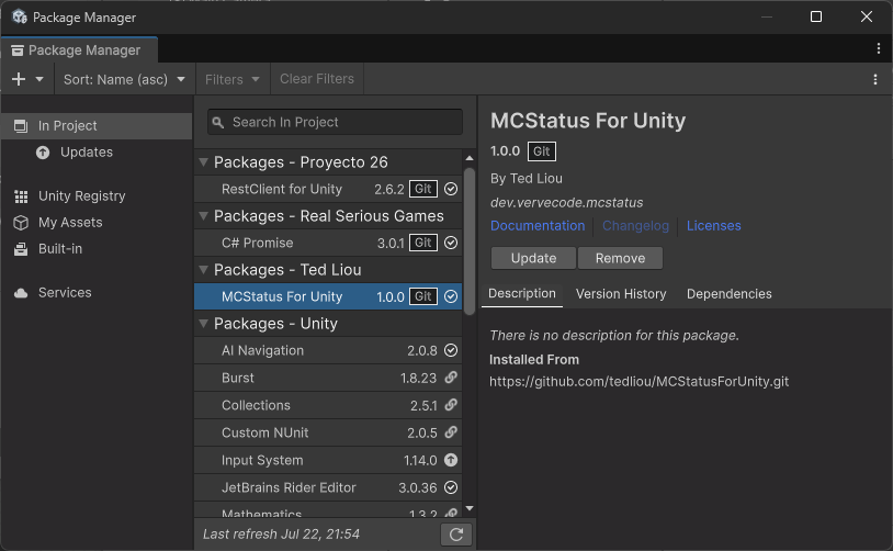Unity的Package Manager，已安裝C-Sharp-Promise-UPM、RestClient、MCStatusForUnity