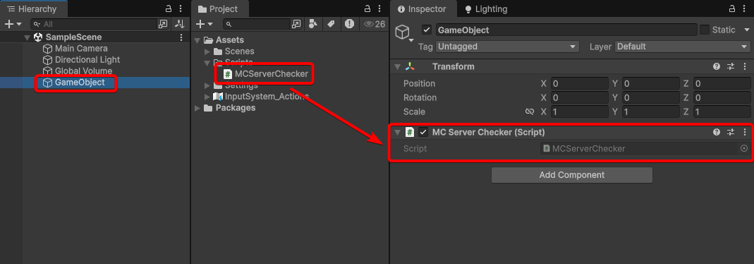 Unity編輯器，新增GameObject空物件，拖曳C#腳本到GameObject空物件的Inspector中