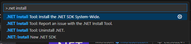 VS Code的快速命令輸入框，正在輸入.net install