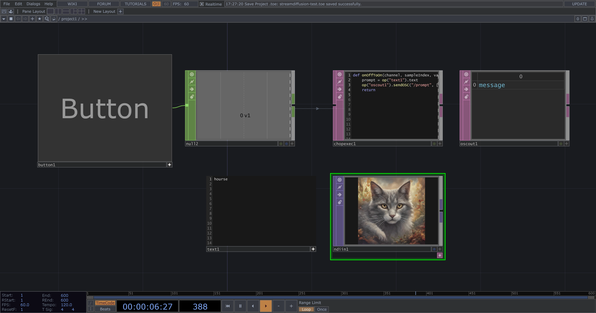 TouchDesigner的介面，有一個可以點擊的按鈕，按下後會傳輸0或1到Null CHOP，再觸發OSC Out的程式碼來用OSC發送提示詞到StreamDiffusion，下面有一個NDI In TOP來即時接收影像生成的結果