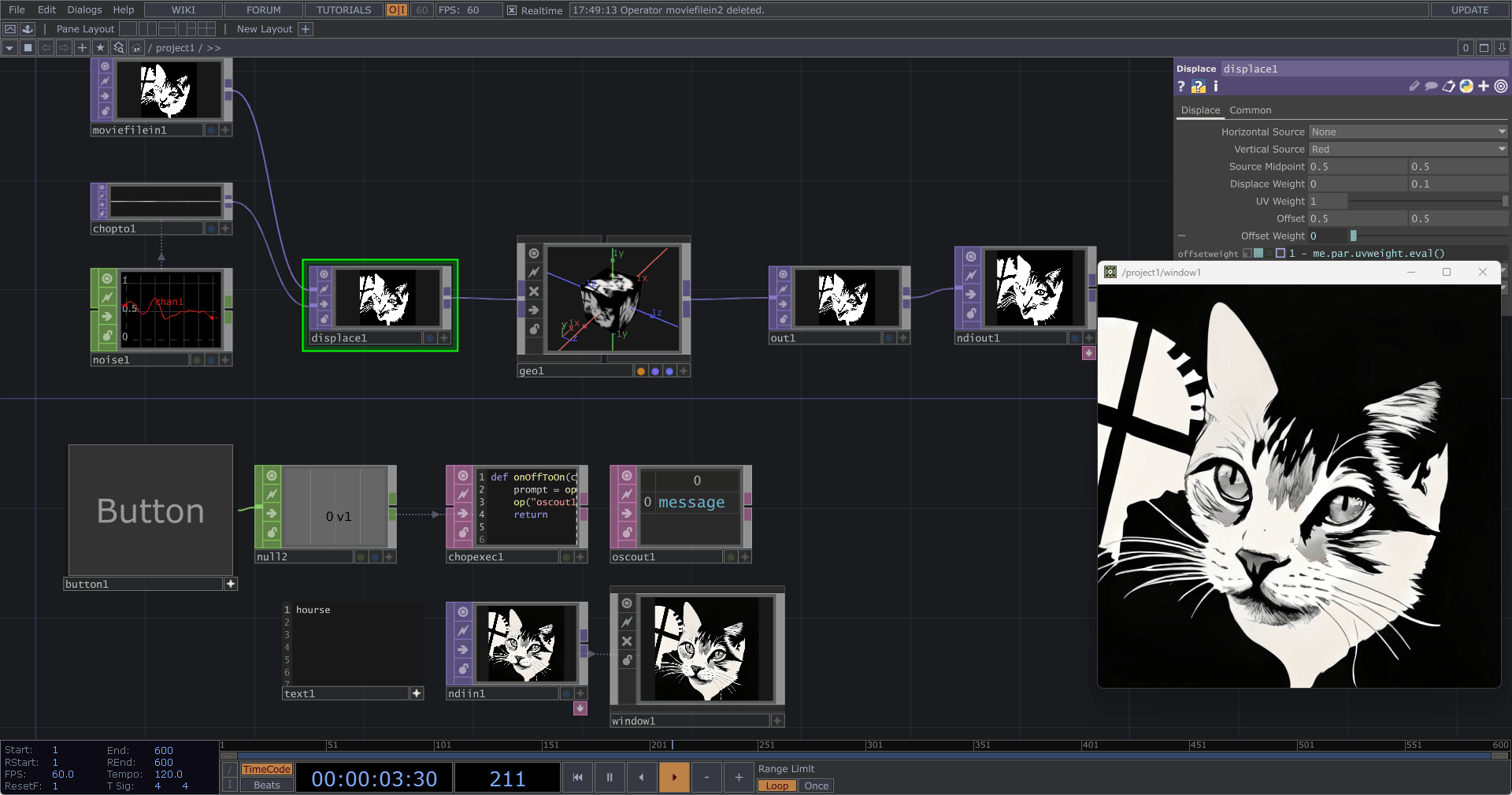 TouchDesigner的介面，直接拿修改後的範例專案的波動效果的圖片來輸入到StreamDiffusion，再即時接收StreamDiffusion生成的影像結果，用Window COMP來顯示出來