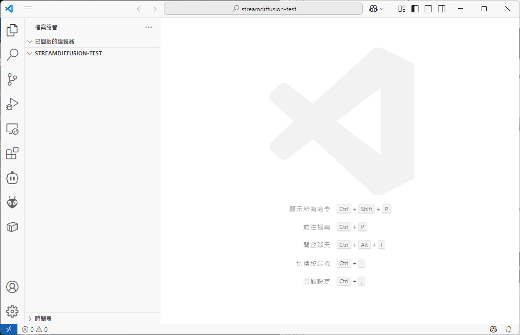 用VS Code開啟的空資料夾介面，資料夾內甚麼都沒有