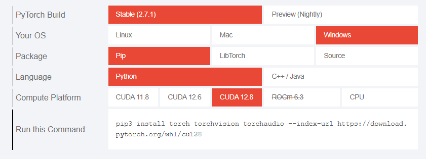PyTorch官網的套件版本和CUDA版本的截圖