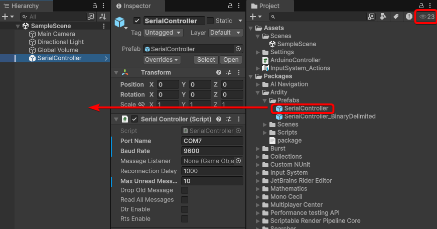 Unity拖曳Ardity的SerialController Prefab到場景的示意圖