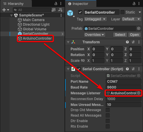 Unity拖曳ArduinoController到SerialController的Message Listener欄位