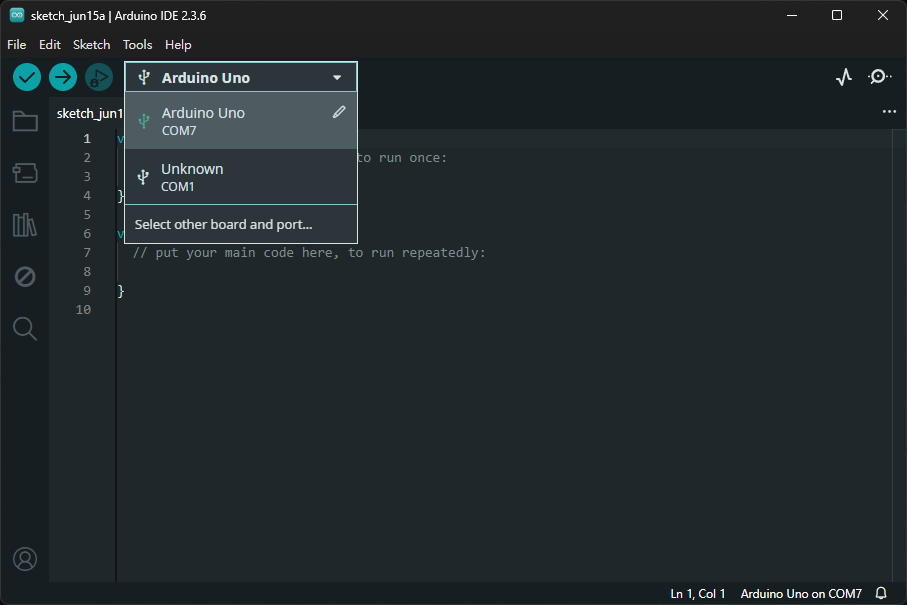Arduino IDE的硬體選擇，正選中COM7的Arduino Uno