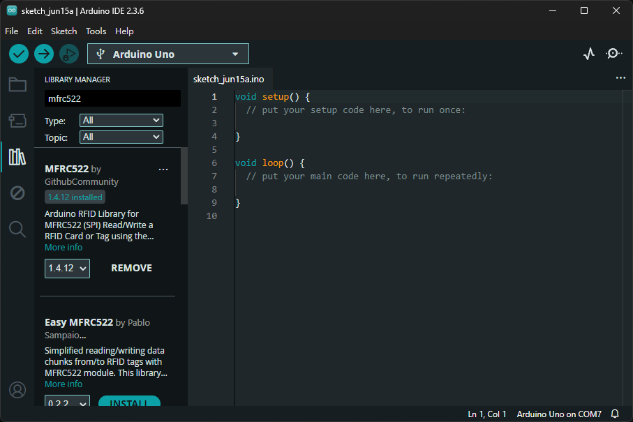 Arduino IDE的Library Manager，正搜尋mfrc522並安裝