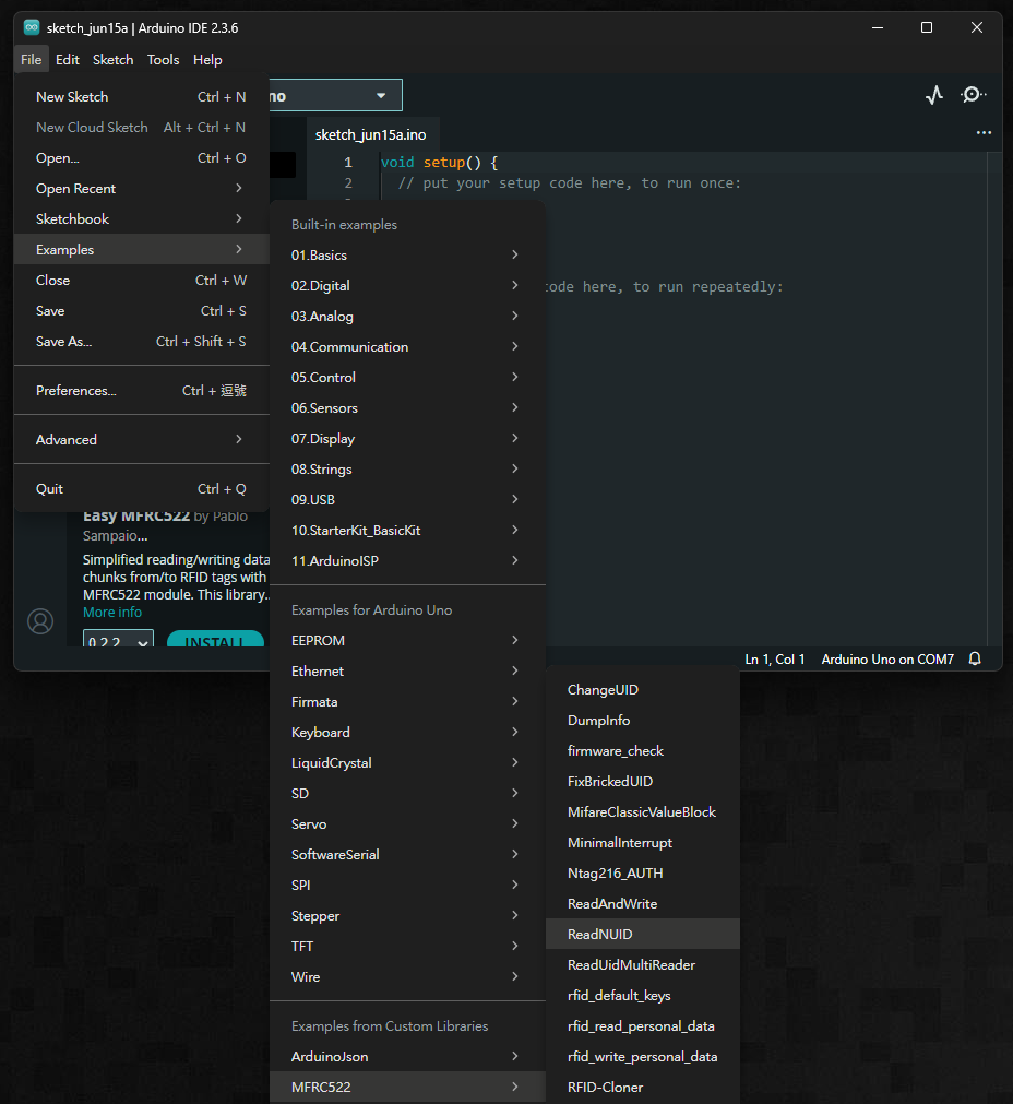 Arduino IDE的範例專案選擇介面，正選中MFRC522的ReadNUID
