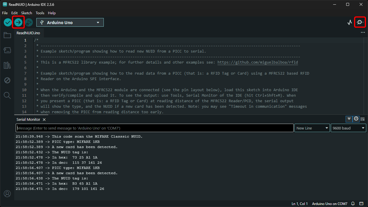 Arduino IDE的ReadNUID的燒錄、Serial Monitor
