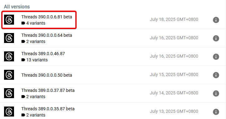 APKMirror的Threads APP版本列表