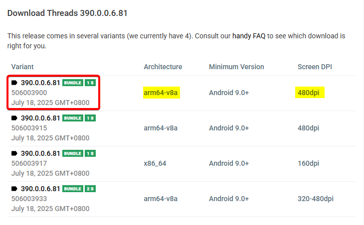 APKMirror的Threads APP的390.0.0.6.81版本的架構與解析度選擇