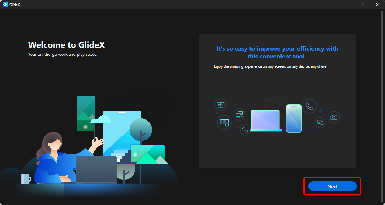 GlideX的安裝介面，點擊Next開始
