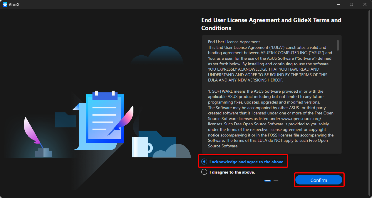 GlideX的使用者售軟體授權同意與服務條款介面
